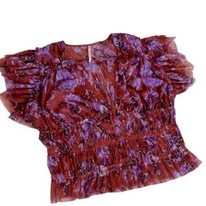 CLEARANCE - Free People Mesh Ruched Red & Purple Floral Blouse S | Boho Chic